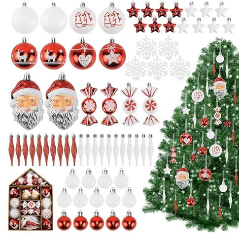 Weihnachtskugeln 70-teiliges Set, Weihnachtskugel Ornamente für Weihnachten Dekorationen Weihnachtsbaumschmuck aus Kunststoff Christbaumschmuck mit Aufhängeschlaufe für Weihnachtsdeko Rot Weiß
