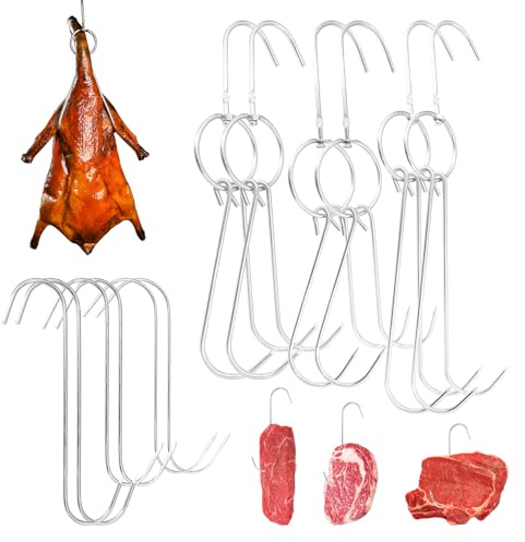 DEELEDM 12Pcs Meat Hook and Double Roast Duck Hooks, Stainless Steel Butcher Hook Smoker S-Hooks for Hanging Beef Ribs Chicken Bacon Hams Meat Hook Hanger Cooking Tools Accessorie (6 Size)