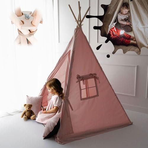 PaLulli® Tipi Zelt für Kinder aus 100% Baumwolle mit Kuschelmatte, Anti-Kollaps-System [Stabil], Camping-Hängelampe & 2 Dekokissen, Tippi Kinderzelt Teepee Spielzelt (Rosa)