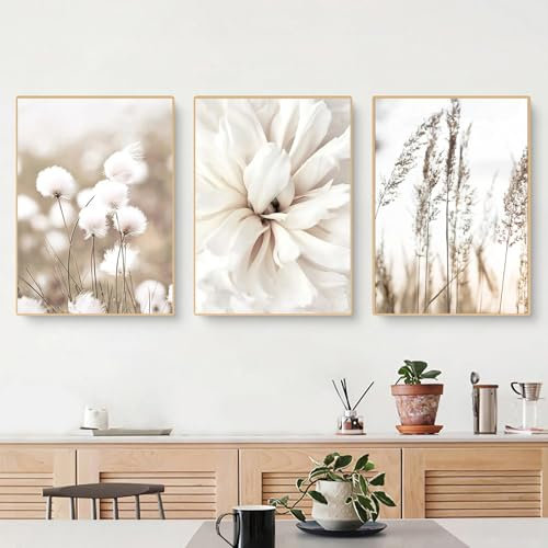3er Poster Set Boho, Bohemian Poster & Kunstdrucke Set 50x70 Blumen Wandbilder Set, Weiße Blumen, Pflanzen, Totes Gras Abstrakte Beige Bilder Schlafzimmer Über Bett Leinwand Ohne Rahmen (30x40 cm)