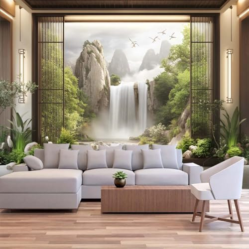 FENDROM Chinesischer Aquarell-Wandteppich, neblig, Wasserfall, Berge, Seen, Wandkunst, Kraniche, malerische Landschaft, Wandbehang, asiatisches China-Wunderland, Wandteppiche für Schlafzimmer,