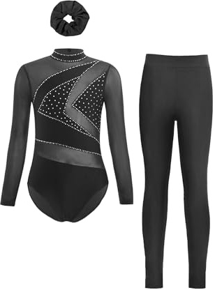iiniim Mädchen Turnanzug Glitzer Langarm Gymnastikanzug mit Hose Haarband Gymnastik Leotard Akrobatik Anzug Wettbewerb Tanzkostüm Schwarz 134-140