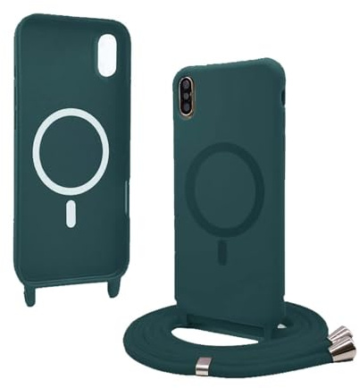 Bigcousin Handykette für iPhone XR Hülle mit Band,Magnetisch kompatibel mit Magsafe,Silikon Necklace Handyhülle mit verstellbar und abnehmbar,Dunkelgrün
