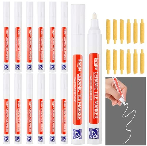 Sinofort Grout Pen White, 12 PCS Tile Pen for Tiles Bathroom, Marker with Replacement Nib, Tiles Grout Pen for Restoring Tile Grout Wall Floor Bathroom Kitchen and Floor Tiles