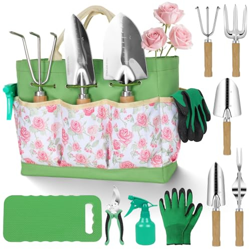 HoHaing Gartenwerkzeug-Set, 10-teiliges Garten-Set, robuste Edelstahl-Garten-Handwerkzeuge mit robuster Organizer-Tragetasche, rostfreie Gartengeräte, Gartengeschenke für Damen und Herren, rosa