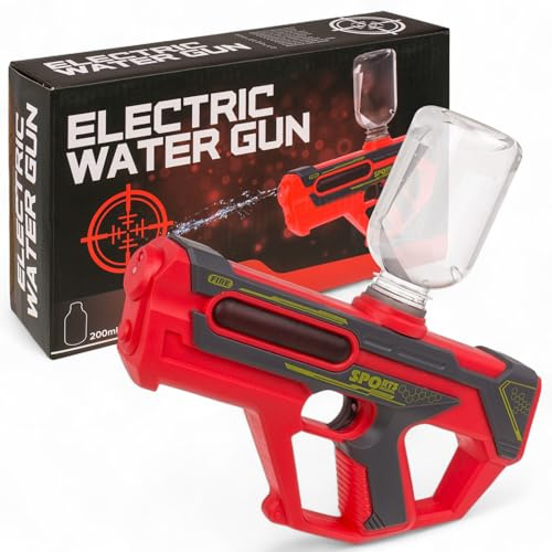 MIJOMA Elektrische Wasserpistole für Kinder & Erwachsene – 200ml Tank – Reichweite 5–7m – kraftvoller Wasserspaß für Garten, Strand & Outdoor-Action (Rot)