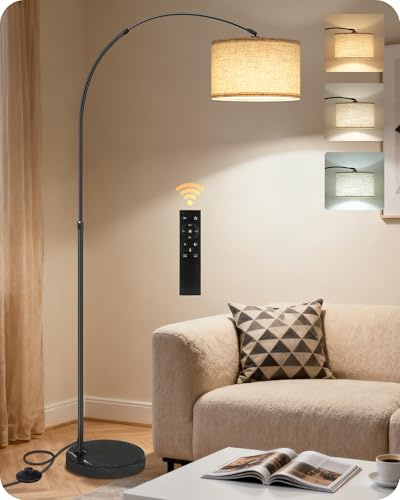 75 Arc Floor Lamp with Marble Base and Adjustable Height, Rotating Hanging Shade, Dimmable Floor Lamp for Living Room with Remote and Foot Switch, 3CCT, Over Couch Arched Reading Light E15LD05