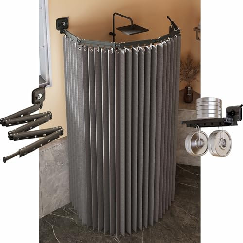 Tringle À Rideau De Douche + Rideau De Douche Résistant À L'eau, Tringle À Rideau De Douche Pliable Murale - Installation Par Ventouse, Pour Camping-car/hôtel/maison(Gray,3Fold-180CM)