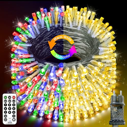 XURISEN 50M Lichterkette 1000 LED Warmweiß & Mehrfarbig Umschaltbar Transparent Weihnachten 11 Modi Timer IP44 Wasserdicht Fernbedienung für Garten Balkon Weihnachtsdekoration