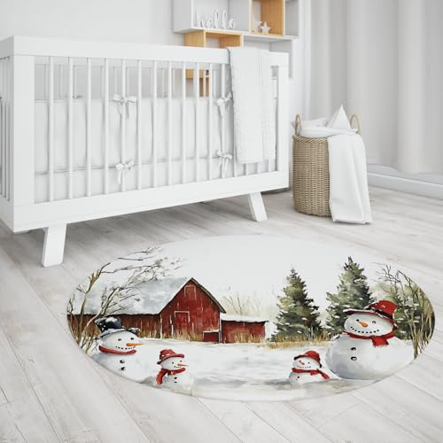 UERWOWELL Christmas Theme Thin Circle Carpets Pine Trees Snowman Farm Barn Landscape Round Rug for Living Room Kitchen Hallway Washable 120cm