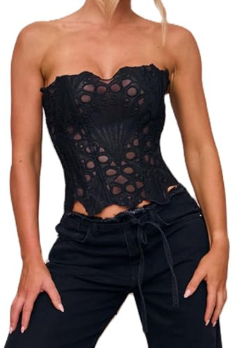 Acrawnni Women Floral Hollowed Strapless Corset Sheer Backless Lace-up Bustier Vest Vintage Lace Trim Textured Crop Tube Top Halloween Overbust Top