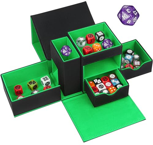 Jaffzora 3-in-1 Würfelturm & Würfelaufbewahrungsbox, magnetische Leder-Würfelschale, tragbarer Würfelhalter für Dungeons & Dragons, MTG, RPG und Tabletop-Spiele, Schwarz und Grün