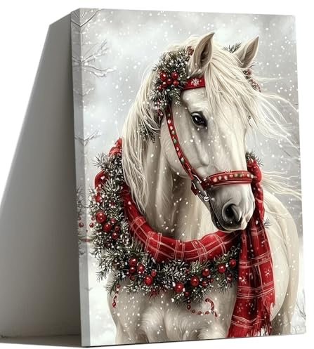 ZQQART Weihnachtspferde Leinwandbild Wandbild im Landhausstil weißes Pferd Porträt Weihnachtsdeko Winter Bauernhoftiergemälde für Wohnzimmer (Weiß,50x75cm)