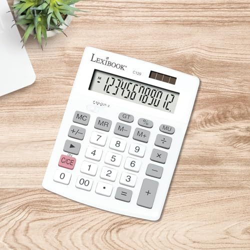 Lexibook, 12-stelliger Tischrechner, C129LXB | LCD-Display, 8 Funktionen, große Tasten, Solar- & Batteriebetrieb, weiß/grau