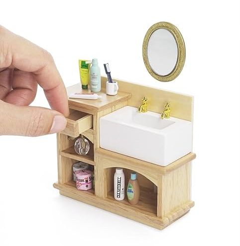 Odoria Puppenhaus Waschtisch Toilettenartikel Miniatur: 1/12 Maßstab Waschbecken mit Spiegel Badezimmer Wichtel DIY Modell Handwerk - Mini Spülbecken Badmöbel Holz Möbel Toilettenpapier Shampoo