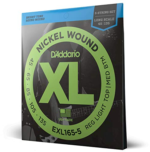 D'Addario Corde Basso Elettrico - XL EXL165-5 - 5 Corde - Lunga Scala, Luce Personalizzata, 45-135 - 1-Pacchetto