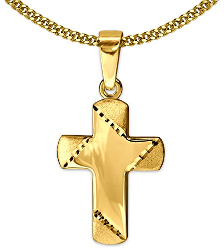 CLEVER SCHMUCK Goldener kleiner Kinder Anhänger Mini Kreuz 11x8 mm Balkenenden teilmatt diamantiert 333 Gold 8 Karat & vergoldeter Kette Panzer 40 cm im Kreuz-Etui