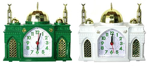 Wecker in Moscheeform, mit Batterie, Uhr mit Adhan-Gebetsruf, weiß, grün, blau, pink, als 1 Paar oder 4er-Pack erhältlich Pair: White + Green