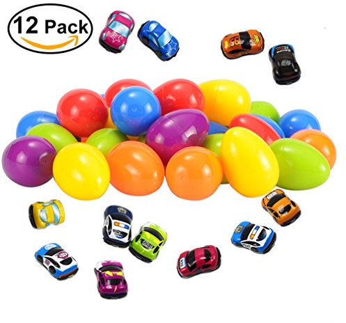 12 Stück Ostereier gefüllt mit Mini Zurückziehen Auto, Stillshine Ostern Thema Spielzeug Geschenk für Kinder (zufällige Farben)
