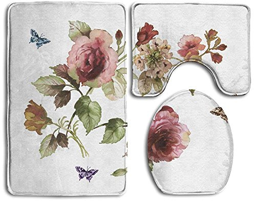 Badezimmerteppich, Blumenmotiv, Shabby-Chic-Stil, Rosen, Knospen, Blätter, Tulpen, Blumendetails, Schmetterling, 3-teiliges Badematten-Set, Konturteppich und Deckelbezug