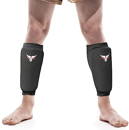 Mytra Fusion Shin Pad G-Tech Padding Elasticated Kick Boxing Muay Thai Training (L/XL, Black)