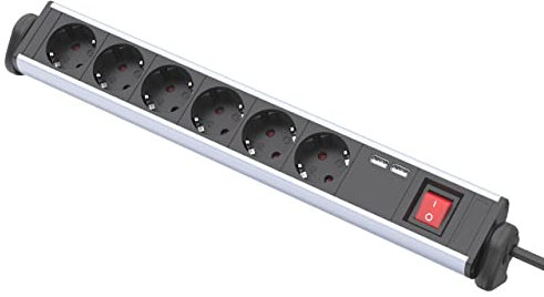 UCOMEN Power Strip, 6 Fach Steckdosenleisteaus hochwertigem Aluminium Mehrfachsteckdose mit Schalter und 1.5m Kabel,Drehbare Buchse,2-Fach USB 5V,2.4A, Schwarz/Silber