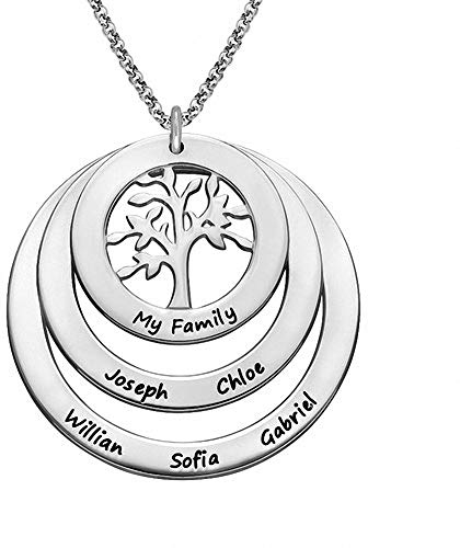 Personalisiert Mütter Namenskette Baum mit Gravur 1 bis 9 Kinder Namen Halskette Lebensbaum Rund Anhänger für Familie Mama Oma Damen in 925 Sterling Silber Rose Gold Vergoldet