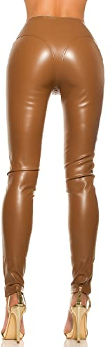 Koucla Highwaist Hose Wetlook Lederlook Optik Damen Hose mit Zip (Cappuccino, S)