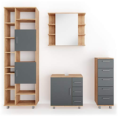 Vicco Badmöbel-Set Ilias, Badezimmerschrank-Set, Eiche/Anthrazit, 4 Teile