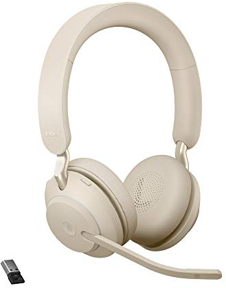 Jabra Evolve2 65 Wireless PC Headset – Noise Cancelling Microsoft Teams Certified Stereo Headphones with Long-Lasting Battery – USB-A Bluetooth Adapter – Beige