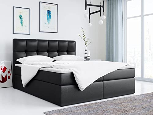 MKS MEBLE Boxspringbett 180x200 mit Bettkasten Schwarz Kunstleder, Bett mit Matratze H3 Topper, Polsterbett 180x200 mit Bettkasten Kopfteil, Boxspringbett mit Matratze H3, RICO Schwarz Kunstleder