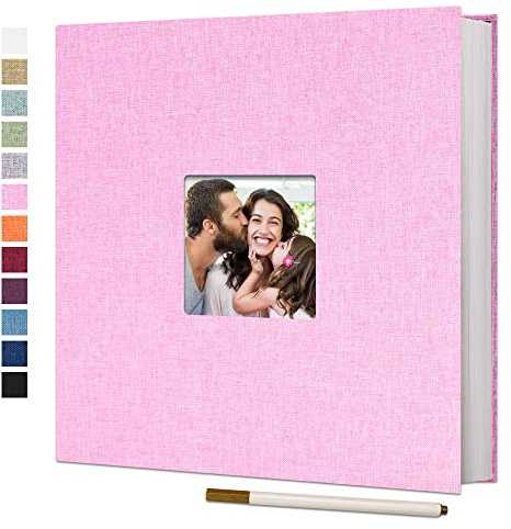 Vienrose Photo Album Self Adhesive Book with Window 60 Pages 28x27cm Pink | Linen Cover, Scrapbook Album, 4X6 8X10 Photos, Metallic Pen, Wedding Baby Travel