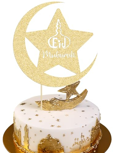 Gyufise 1Pcs Gold Glitter Eid Mubarak Cake Topper Happy Eid Cake Decorations Islamic Muslim Party Decors Supplies Eid Festival Party Decorations
