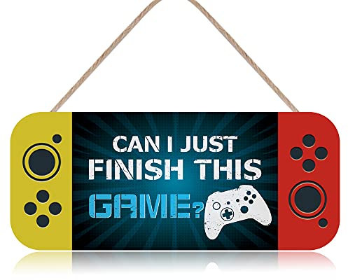 Funny Gaming Door Sign Hanging (13.4''x5.5''), Can I Just Finish This Game Rustic Sign Plaque, Colorful Gamer Gift Accessories for Playroom/Game room/Boys Bedroom/Kids Room