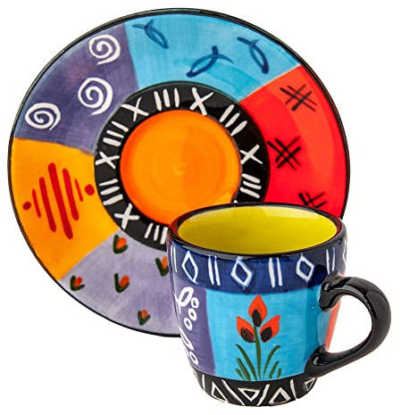 Kapula Espressotasse und Untertasse aus Keramik, handbemalt, Fair Trade, südafrikanisches Design, mehrfarbig