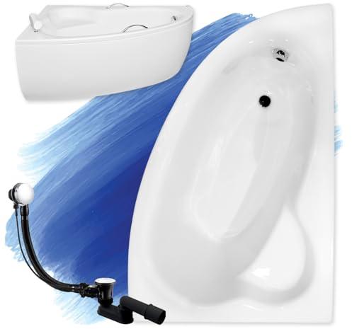 Baignoire d'angle NATALIA d'origine blanche en acrylique 150 x 100 cm, kit complet avec tablier en acrylique blanc, pieds et bonde automatique exclusive chromée, fabriqué en UE, 4 en 1