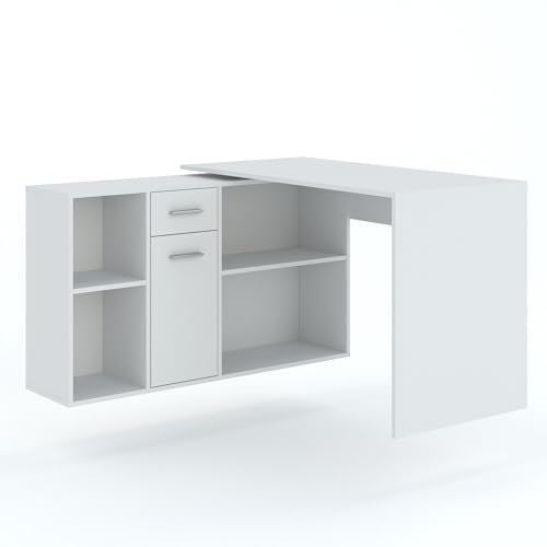 Oggi Ruffi Eckschreibtisch Diego mit Regal B 122 cm H 75 cm 6 Einlegeböden 1 Schublade 1 Tür Arbeitszimmer aus Schichtstoffplatte Hochglanz Weiß