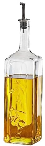 Secen LONDON - Aceitera de cristal, 1 litro, botella de aceite y vinagre con diseño decorativo, vidrio, apta para lavavajillas, acero inoxidable apto para alimentos, 1000 CC, botella de oliva