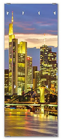 banjado® Wandgarderobe aus Echtglas/Design Garderobe 50 x 125 cm groß/Flurgarderobe mit 7 Haken/Beschreibbares Garderobenpaneel Motiv Frankfurt Main