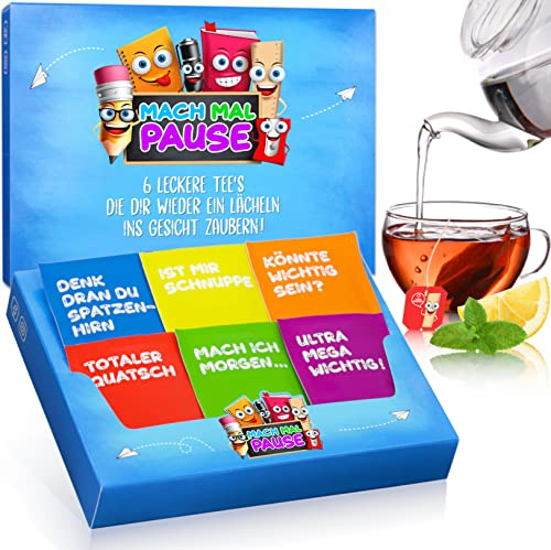 MACH MAL PAUSE® Tee Box - lustiges Tee-Set mit 6 leckeren Teesorten - Geschenk für Kollegin Kollegen Chef - Teespender mit 30 Teebeuteln - Geschenkset Büro - Wellness Anti-Stress Tee - Geburtstag