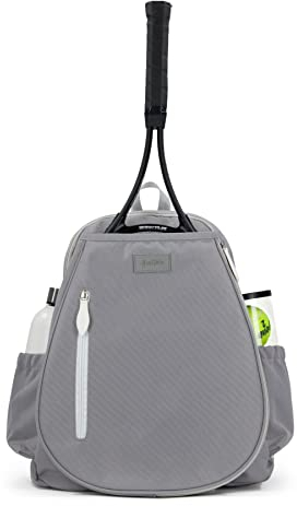 Ame & Lulu Game Time Tennisrucksack – enthält gepolsterte und verstellbare Gurte – Zwei Außentaschen für Wasserflaschen – Grau/Weiß