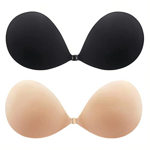 Bvanzo 2 Pack Adhesive Bra Backless and Strapless Push Up Bra (Cup A-D) - Invisible and Stick on Bra and Nipple Covers for Backless Dresses