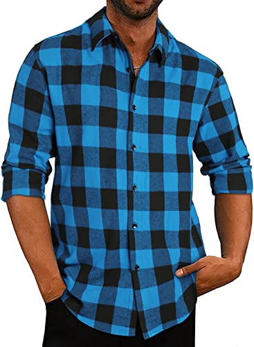 APOONABA Flanellhemd Herren Hemd Kariertes Freizeithemd Casual Langarmhemd Regular Fit Flanell Hemden Lose Baumwolle Langarm Button Down Shirts Herbst Frühling Sommer Blau XL