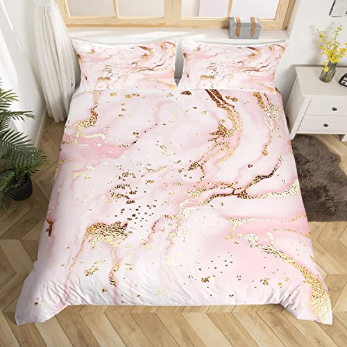 Manfei Pink Marble Duvet Cover Set Single Size, Abstract Stone Texture Bedding Set 2pcs for Kids Boys Girls Bedroom Decor, Gold Glitter Comforter Cover Soft Polyester Quilt Cover with 1 Pillowcase