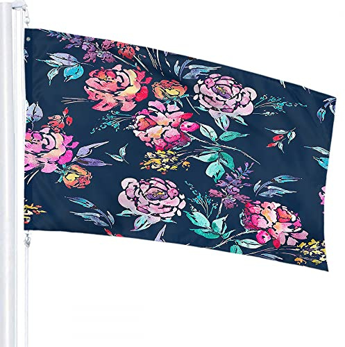 Floral Flag 3x5 FT Red Watercolor Pink Roses Flowers Twigs Buds Green Leaves Outdoor Flags Large Welcome Yard Banners Home Garden Yard Lawn Decor