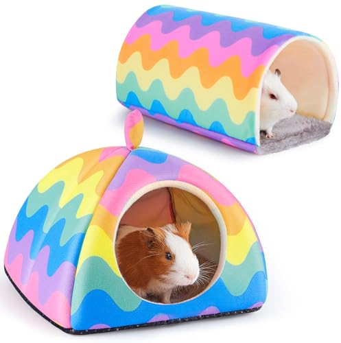 Glittme Meerschweinchenversteck Weiches Bett und Tunnel, 2 Pack Waschbarer Tunnel mit Hauszubehör für Kleintiere