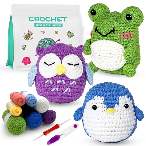 BoloShine Häkelset für Anfänger mit Tutorial-Video und Anleitung, Stricken Amigurumi Set mit Wolle und Häkelnadel, Crochet Kit DIY Schlüsselanhänger Bastelset 3 Tiere Frosch, Eule, Pinguin