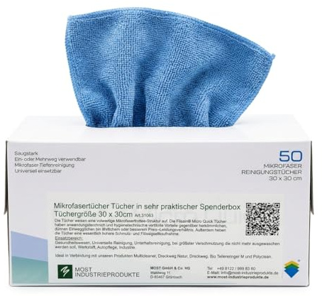 facilia Mikrofasertücher Spenderbox (50 STK) 30x30cm Blau – Reinigungstücher für Haushalt, Auto & Büro – Staub- & Fettlösend – Robust & waschbar – Streifenfreier Glanz