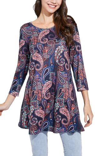 Enmain Maglia Tunica Donna Manica Lunga Maglietta a Maniche Lunghe 3/4 Taglie Forti Blusa Scollo Tondo Stampata Paisley Camicia Elegante Viola XL