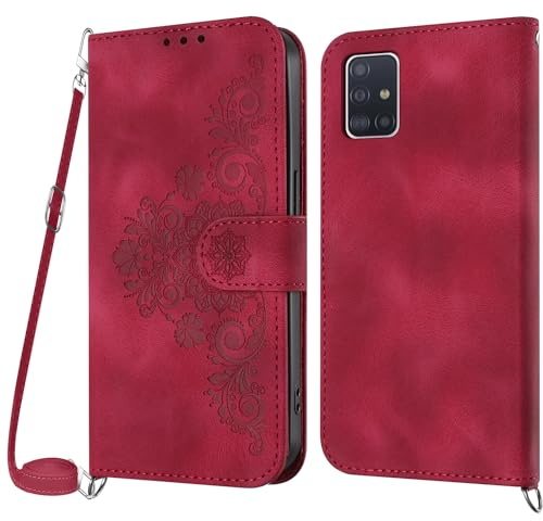 NETANY Handykette Hülle für Samsung Galaxy A51 5G, Handyhülle für Samsung A51 5G Hülle mit Kette Klappbar, PU Leder Necklace Klapphülle und Umhängeband Lanyard Flip Schutzhülle mit Band (Rot)